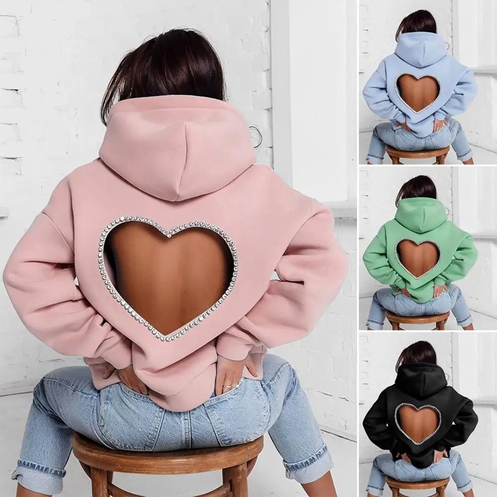 Heart Shape Backless Rhinestone Hoodie