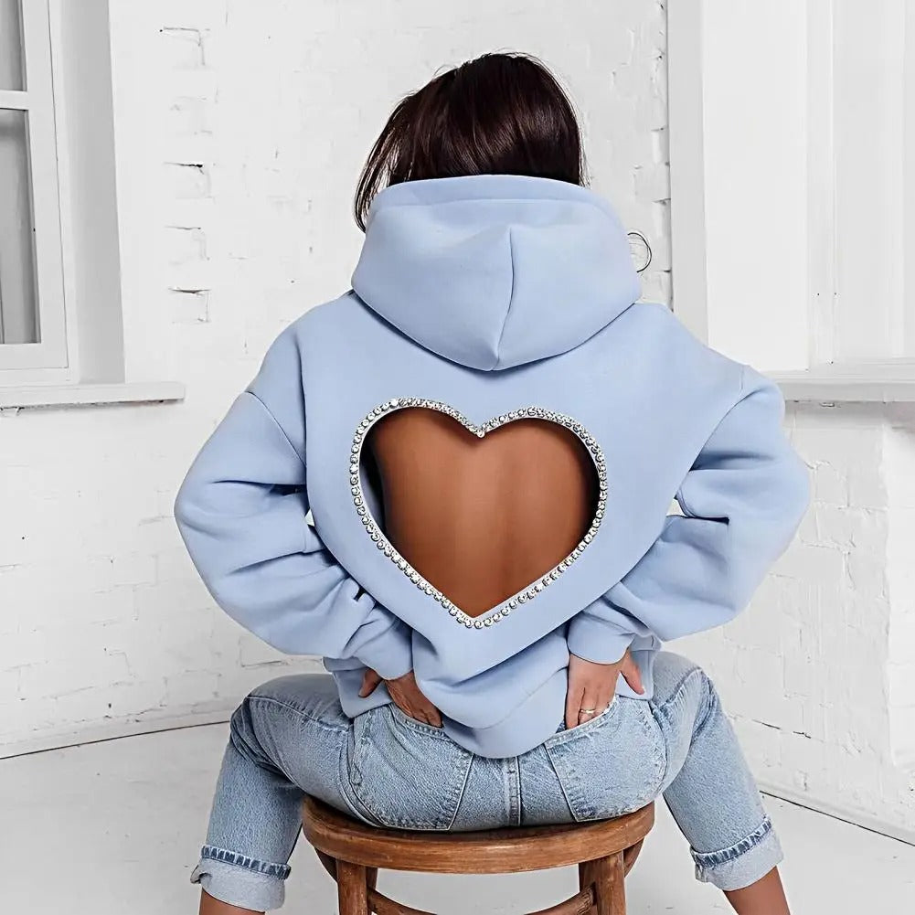 Heart Shape Backless Rhinestone Hoodie